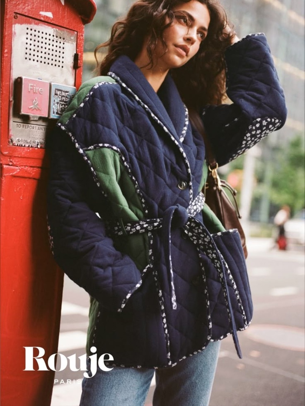 ROUJE Navy Blue & Green Floral Patchwork Quilted Tie Belted Jeremy Jacket Coat